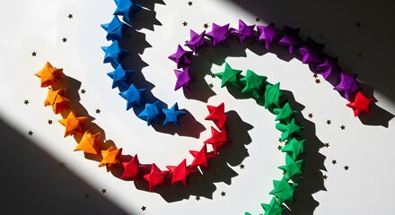 Holiday composition of different paper origami stars on a beige background with copy space. Layout for the new year or Christmas. Flat lay, festive decoration, creative craft, seasonal