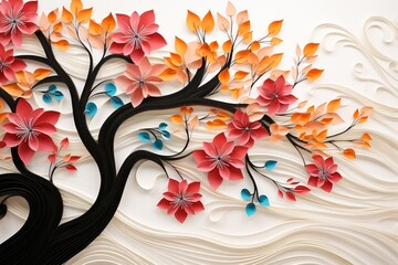 Intricate paper art showcasing coral flowers and autumn leaves. Perfect for adding a touch of elegance and sophistication to any creative or design project.