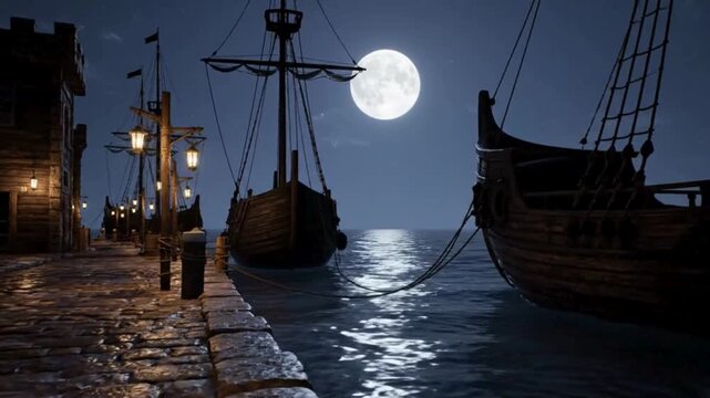 Moonlit medieval harbor with wooden ships, lanterns swaying in the breeze, gentle waves, loopable night ambience, 4K