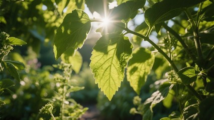 Sunlight filtering through lush green leaves in a vibrant garden setting