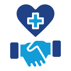 Healthcare Agreement Glyph Blue Silhouette Icon Design Vector - Handshake under a heart with a cross symbolizing health partnership or care commitment