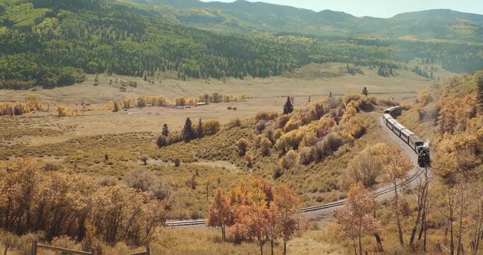 Cumbres and Toltec Steam Locomotiv Rounding the Bend During the Fall