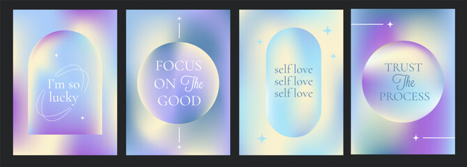 Aesthetic abstract gentle gradient background with motivation quotes. Posters with blurred circle and arc in y2k style.