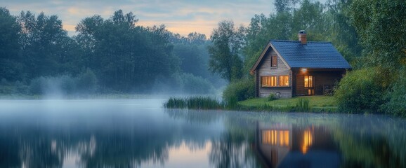 Fototapeta premium A cabin glows beside a misty lake surrounded by trees at dusk or dawn light