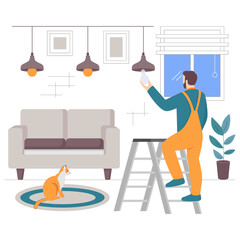 Electrician on ladder installing light fixture concept, DIY lighting technician vector design, Electric Profession banner, Low High Voltage Power Supply scene Handyman and Repairman stock illustration