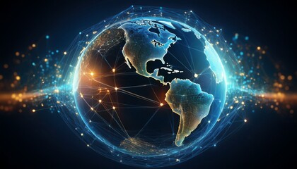 Obraz premium a glowing digital representation of earth with interconnected lines and points symbolizing global connectivity and advanced technology