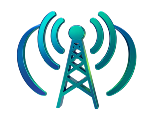 3D Metallic Radio Tower Icon with Signal Waves, front view, isolated on transparent background
