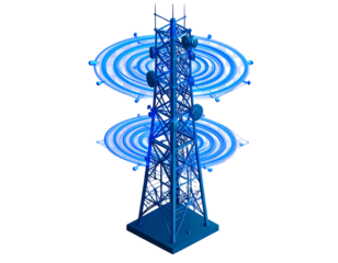 lsometric 3D Radio Antenna Tower with Blue Signal Pulses, isolated PNG