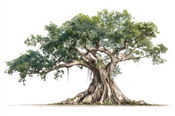 Majestic Banyan Tree with Sprawling Branches and Aerial Roots on White Background