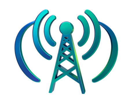 3D Metallic Radio Tower Icon with Signal Waves, front view, isolated on transparent background