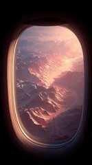 Naklejka premium Airplane window filled with an aerial view of a glowing desert canyon and oasis