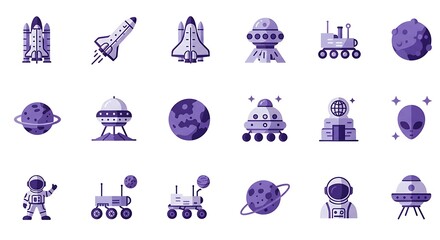 A comprehensive collection of vibrant purple space exploration and cosmic journey icons, featuring rockets, planets, astronauts, and advanced spacecraft designs for modern projects.