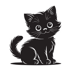 Adorable Sitting Black Kitten Vector Illustration with Paw Prints