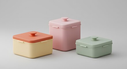 Obraz premium Pastel Colored Food Storage Containers on White Background
