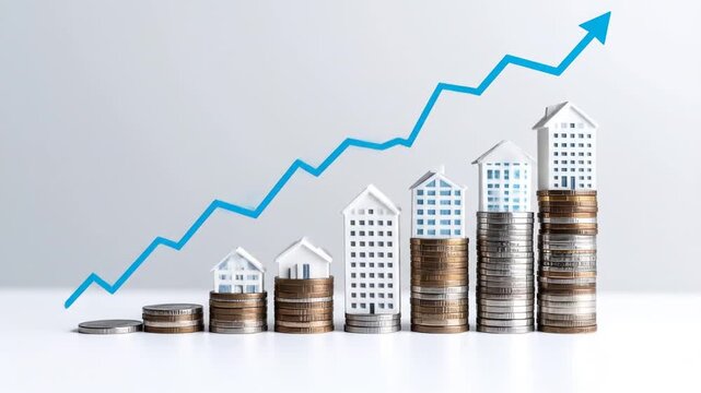 Stacks of coins form a rising graph, topped with miniature houses, indicating increasing financial value. A blue line depicts the upward trend