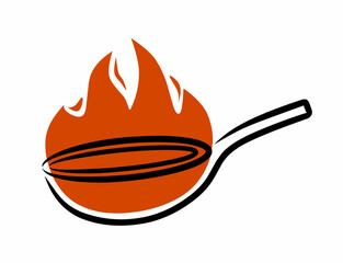 A simple flat vector illustration of a frying pan with fire symbol representing hot cooking kitchen heat and culinary logo design element in modern minimal style