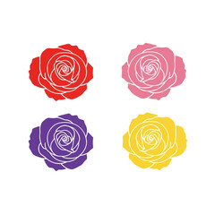 Vector art of four colorful roses in red, pink, purple, and yellow isolated on white background