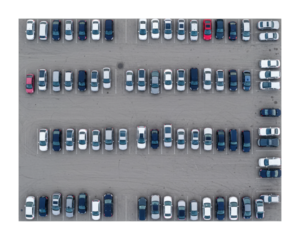 Aerial of cars parked in a lot urban setting photograph daylight overhead perspective. Cut out png