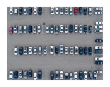 Aerial of cars parked in a lot urban setting photograph daylight overhead perspective. Cut out png