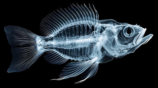 X ray image of a fish with high contrast skeletal detail