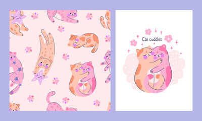 Collection seamless patterns with adorable kittens and composition with cute cats cuddles