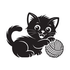 Playful Kitten with Yarn Ball Silhouette Vector Illustration