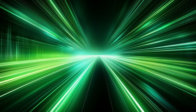 dynamic futuristic green light streaks creating a sense of speed and motion in a digital background - Powered by Adobe