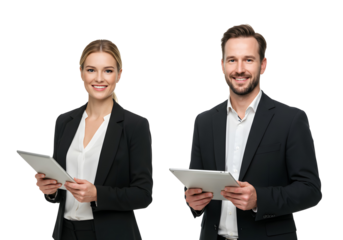 Professional business team holding tablets. smiling man and woman on a white or transparent background.