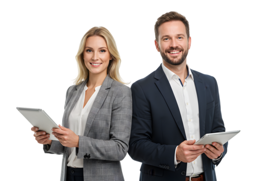 Professional business team holding tablets. smiling man and woman on a white or transparent background.