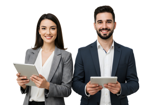 Professional business team holding tablets. smiling man and woman on a white or transparent background.