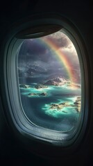 Naklejka premium Crystal-clear airplane porthole with a rainbow-lit storm forming over vivid tropical islands