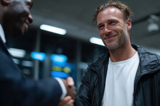 In an airport setting, two men engage in a handshake representing a successful business meeting or partnership, surrounded by travel context and excitement.