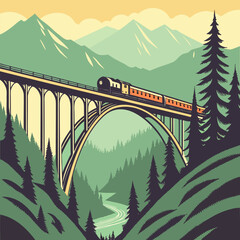 Fototapeta premium A train crossing a high bridge over a river valley with mountains and evergreen trees in the background