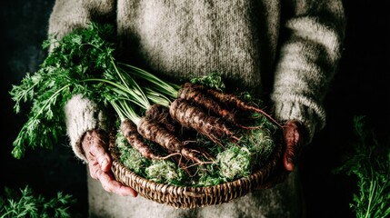 Hands hold a basket filled with freshly harvested root vegetables during a serene morning in a vegetable patch. The abundance showcases the rewards of diligent gardening efforts