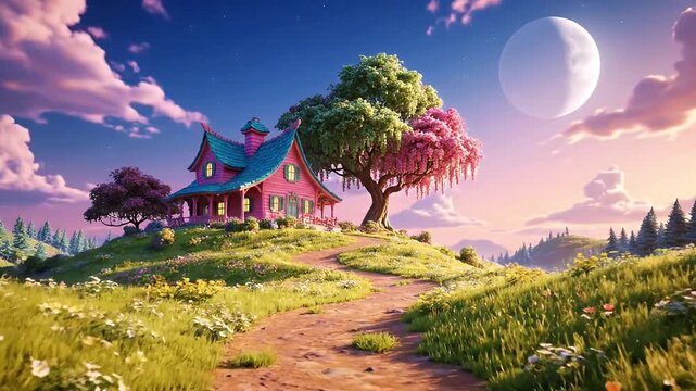 Enchanting Pink Fairy Tale House on a Dreamy Hill Under a Whimsical Moon and Pink Clouds Ideal Fantasy Landscape Scene