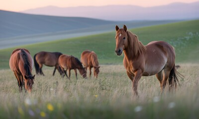 Obraz premium Beautiful horses grazing peacefully in a vibrant green meadow at sunset with rolling hills in the distance