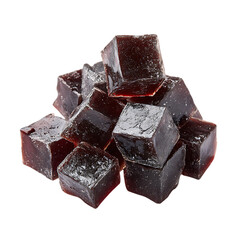 Pile of dark red fruit jelly cubes isolated on transparent background