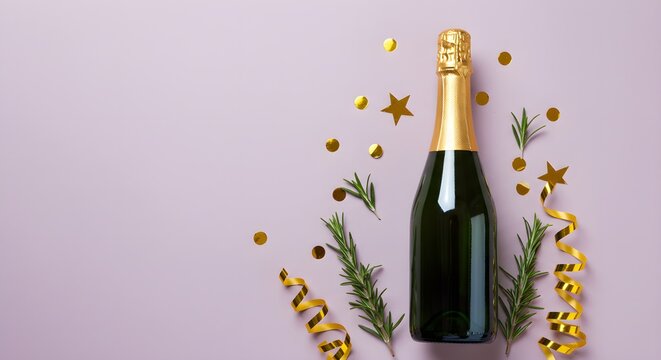 Lilac surface shows champagne bottle, confetti, gold ribbon. Suitable for holiday celebration, product display, branding, and social media posts.