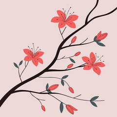 Minimalist illustration of coral pink azalea flowers and buds on a dark branch against a pale pink background