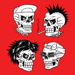 Punk Skull Vector Illustration, Rebel Skeleton Faces, Rock and Roll Skull Art