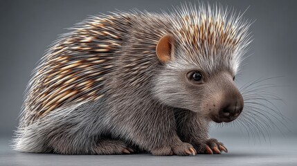 Obraz premium Porcupine with sharp quills in a neutral background.