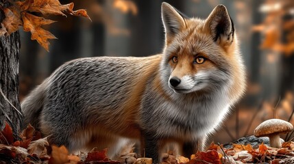 Fototapeta premium Fox in a forest with autumn leaves and a soft background.