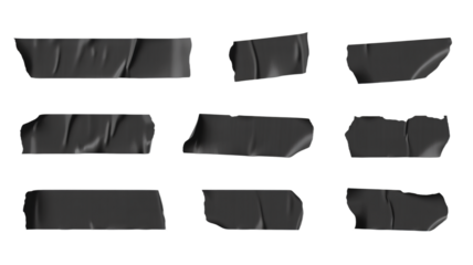 Collection of realistic black tape strips for creative design projects, transparent background
