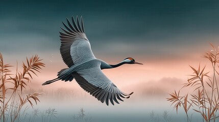 Fototapeta premium Bird in flight over reeds at sunset, creating a serene scene.