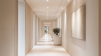 A long hallway with a plant in the middle