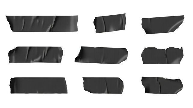 Collection of realistic black tape strips for creative design projects, transparent background