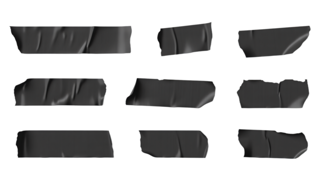 Collection of realistic black tape strips for creative design projects, transparent background