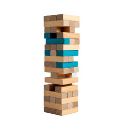 A tall, precarious tower of light-colored wooden blocks, featuring several vibrant teal pieces, stands vertically against a plain dark background, symbolizing a challenging game.