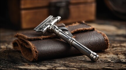 A vintage-style, silver safety razor rests on a rustic wooden surface next to a worn brown leather case, suggesting a sophisticated grooming ritual