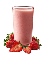 Glass of pink strawberry smoothie surrounded by fresh strawberries isolated on transparent background